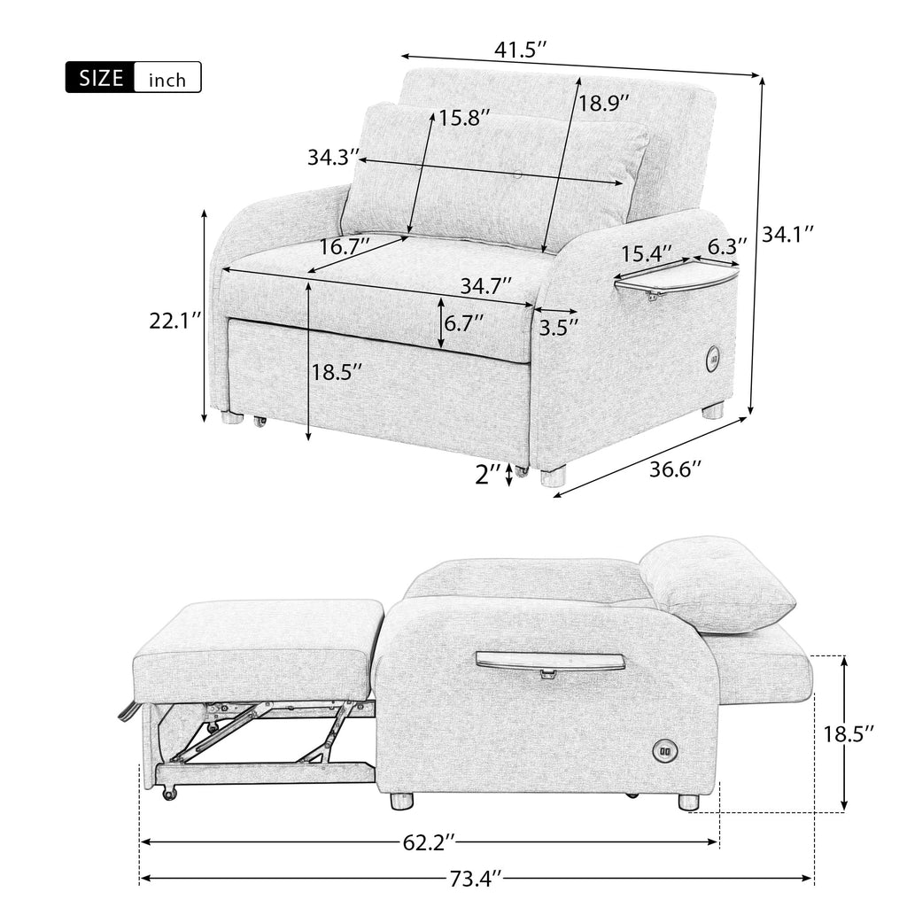 Beige 3 in 1 Pull Out Sofa Sleeper with 2 Wing Table and USB Charge E530867