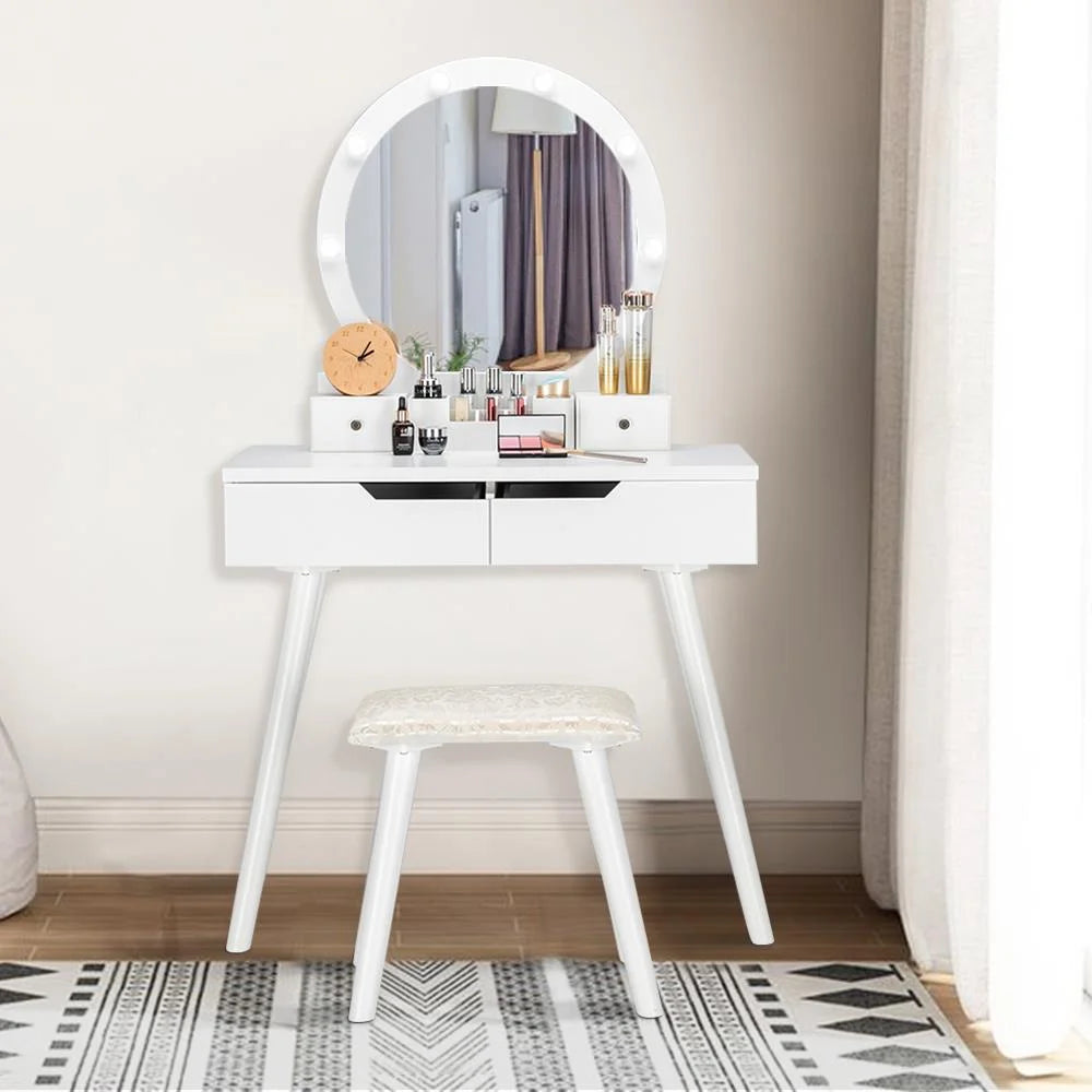 White Wooden Dressing Table with Lighted Mirror and Cushioned Stool M233