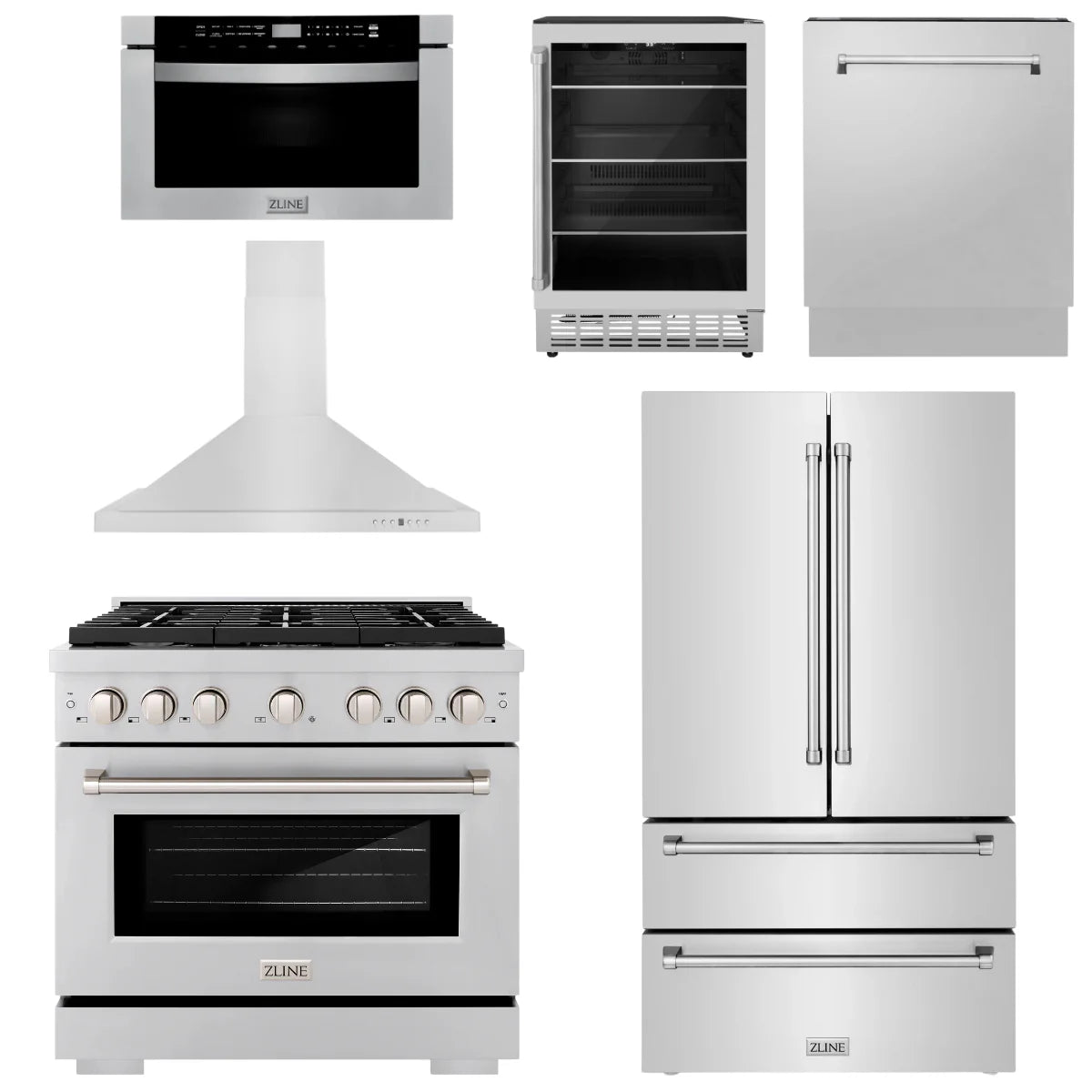 36 Gas Range, Range Hood, Refrigerator, Microwave Drawer, Dishwasher and Beverage Fridge I767