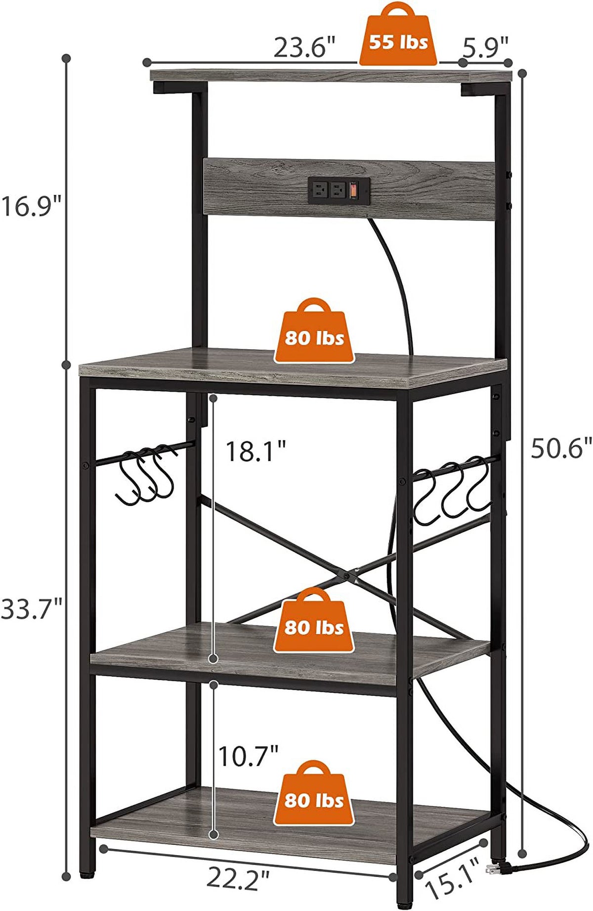 Charcoal Gray 4 Tiers Kitchen Bakers Rack with Power Outlet Y469