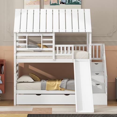 White Twin Over Twin Wood Bunk Bed with Slide and Trundle J774