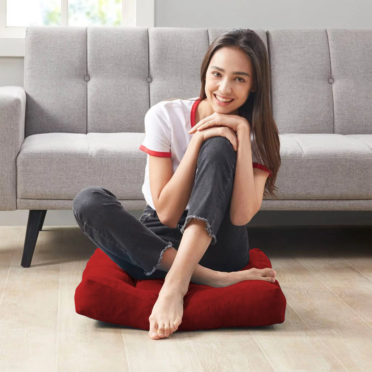 22 Inch Square Cotton Floor Pillow, 2Pcs Wine Red N675880