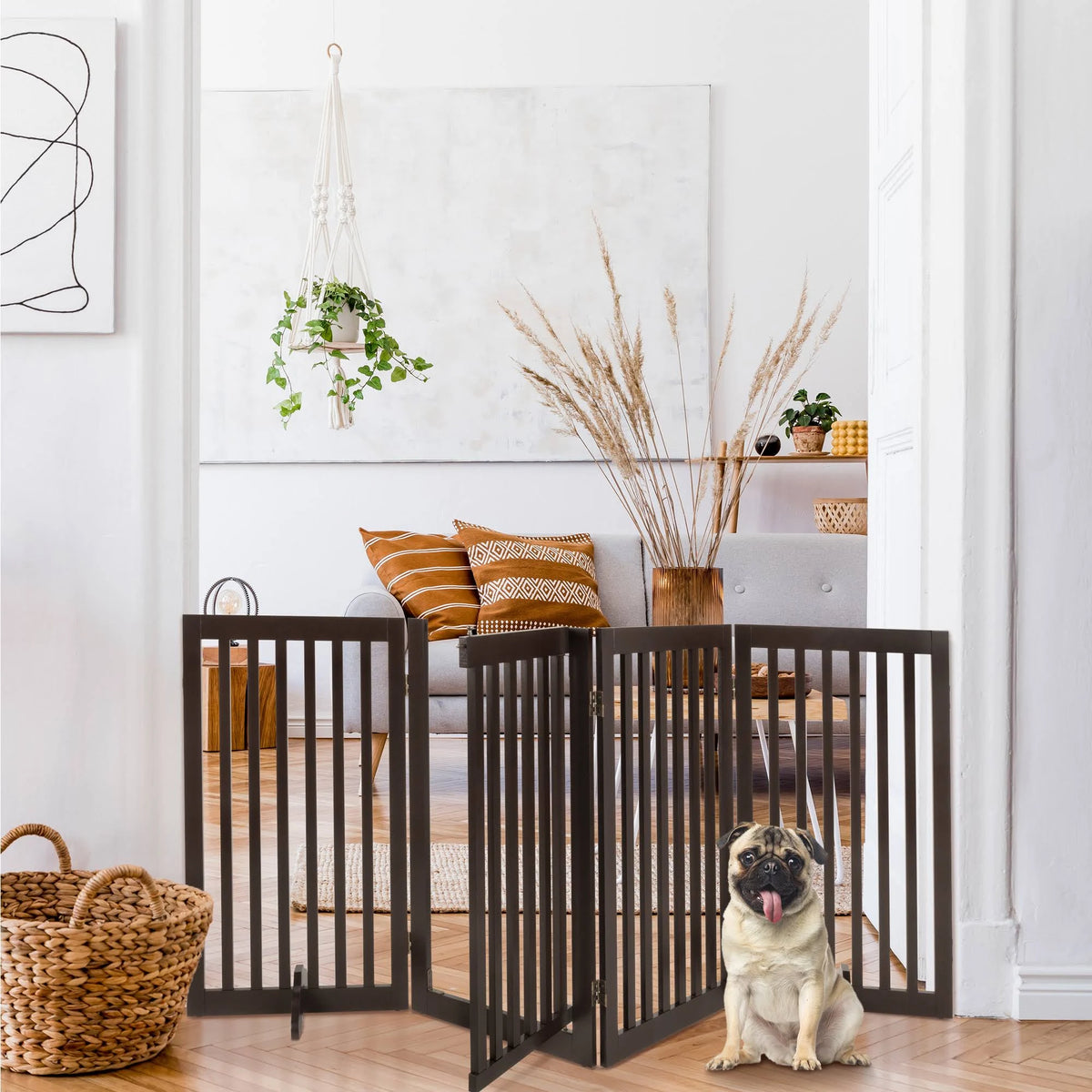 Espresso 4-Panel Freestanding Wooden Pet Gate with Walk Through Door X644