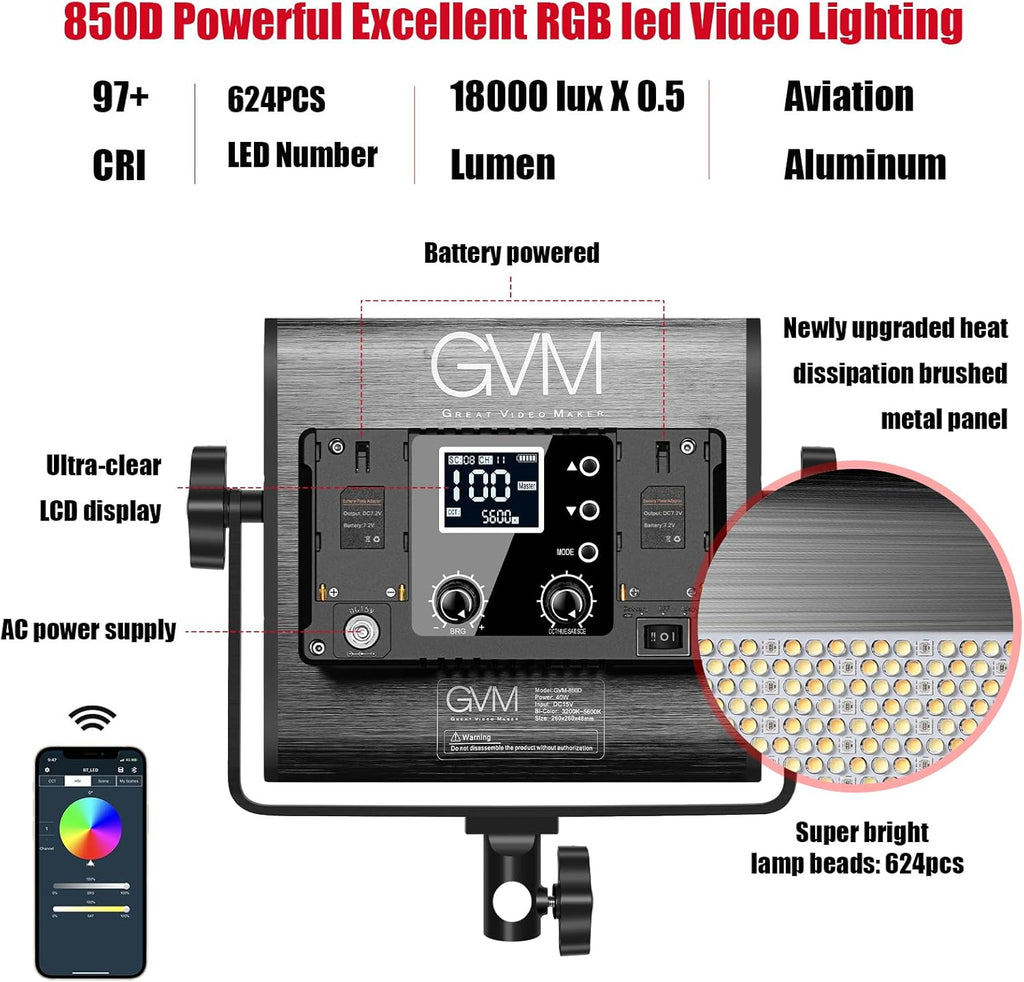 RGB LED Video Light with 2 Light Boxes, 360° Full Color Video Lighting Panel, 2 Packs Photography Lighting Kit B338