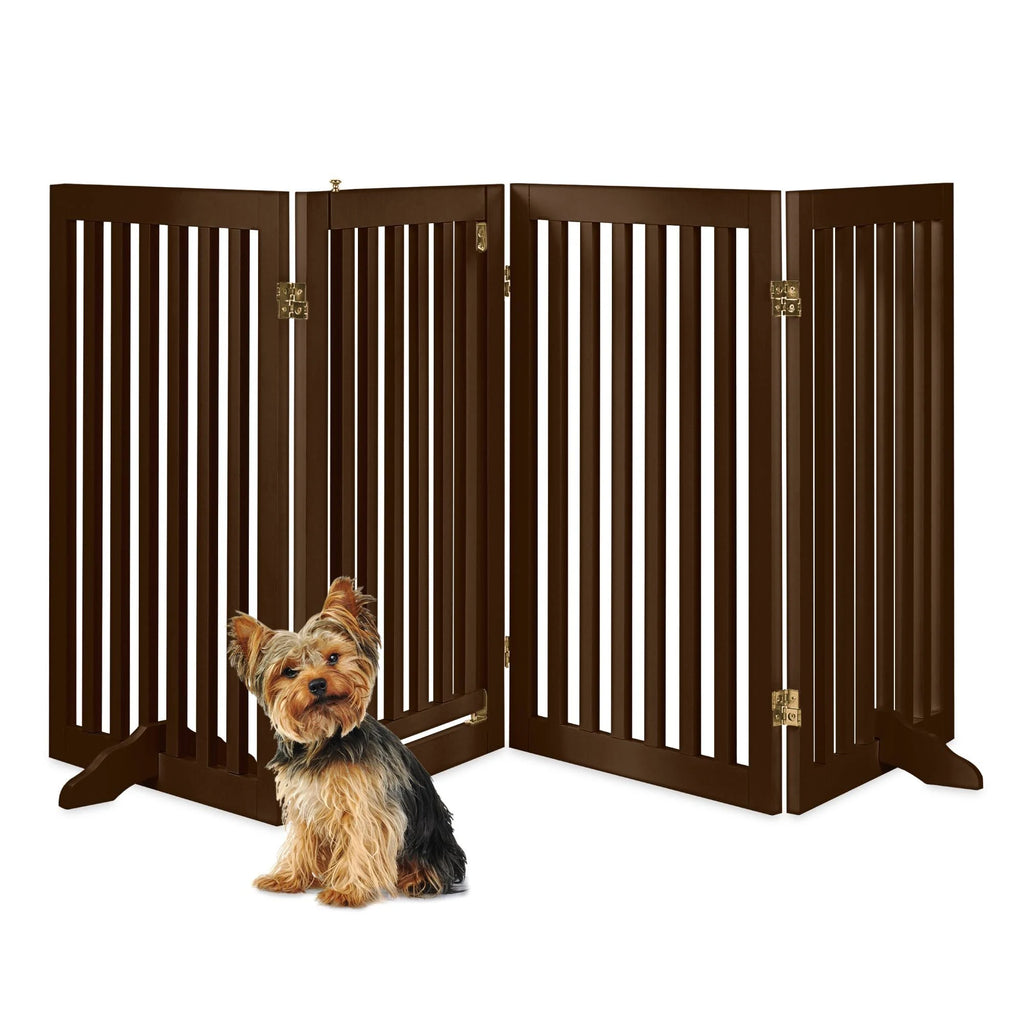 Espresso 4-Panel Freestanding Wooden Pet Gate with Walk Through Door X644