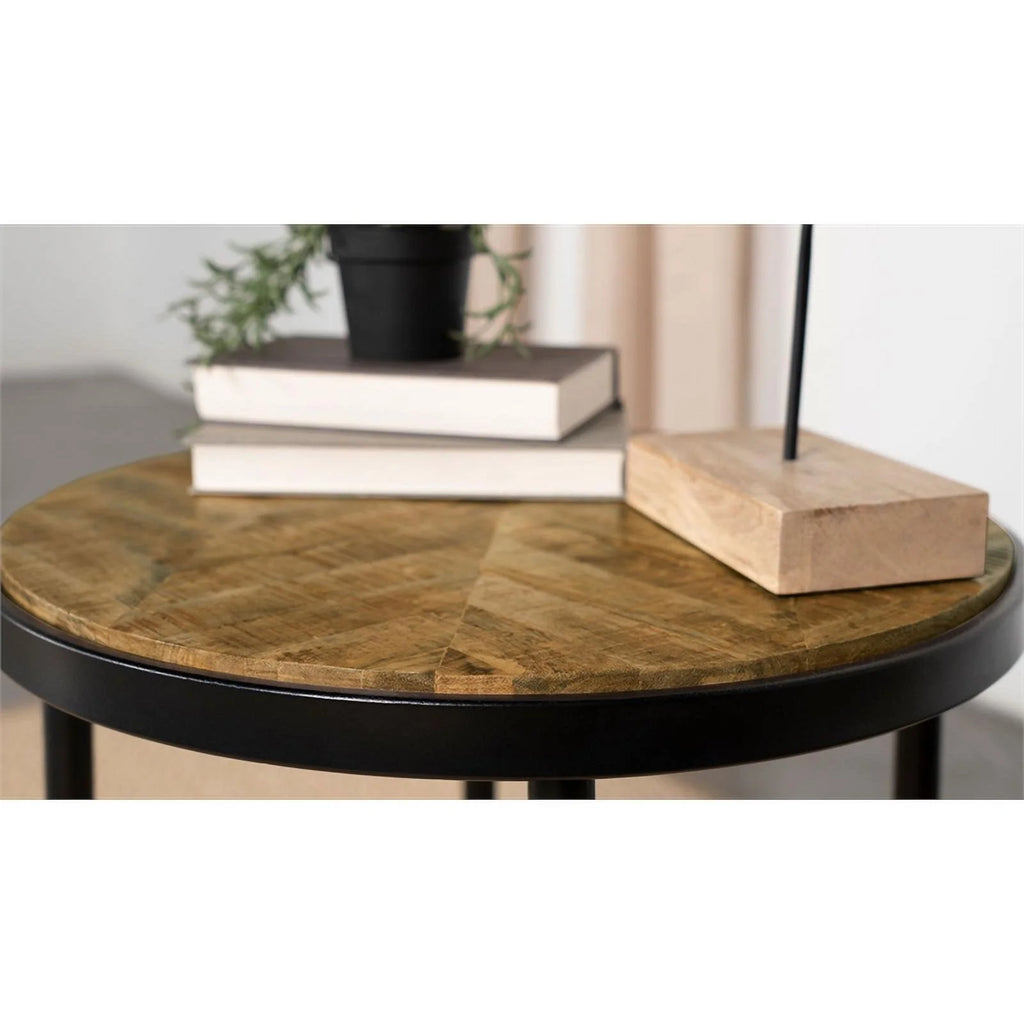 Round Metal Side Table in Natural Mango and Black R258