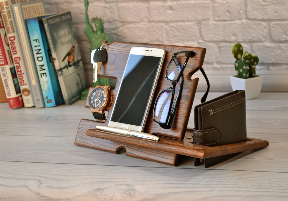 Wood Phone Docking Station Key Holder Wallet Stand Watch Organizer R3614