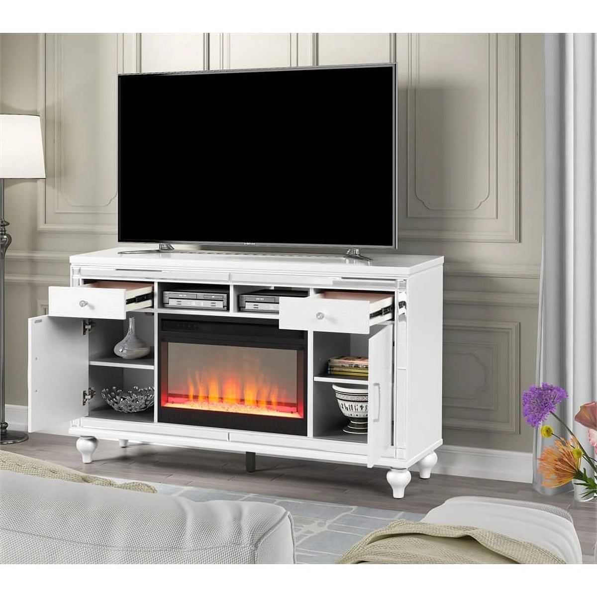 Solid Wood TV Stand With Electric Fireplace in White C995431