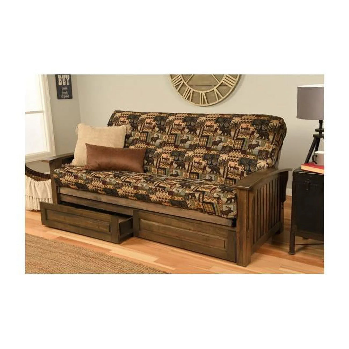 Walnut Full Size Futon Frame with Mattress & Storage Drawers X184
