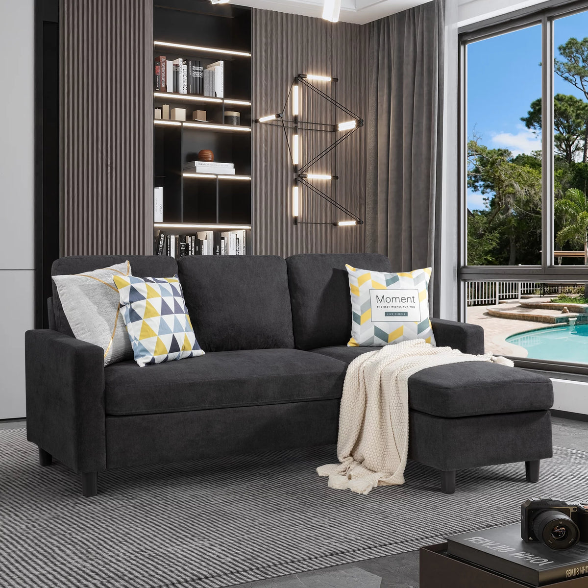 Linen Fabric Convertible L-Shaped Sectional Sofa Dark Gray U4440