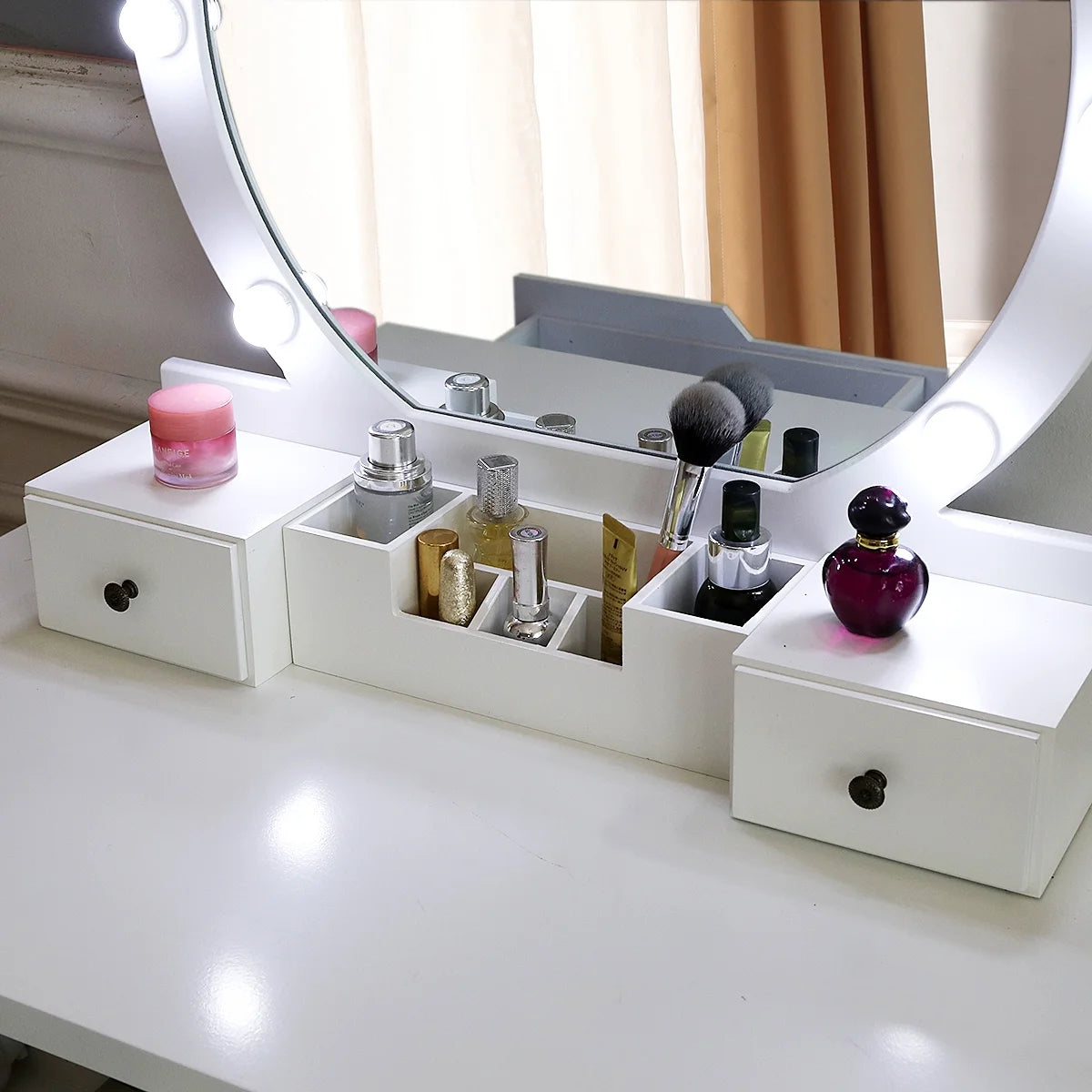 White Wooden Dressing Table with Lighted Mirror and Cushioned Stool M233