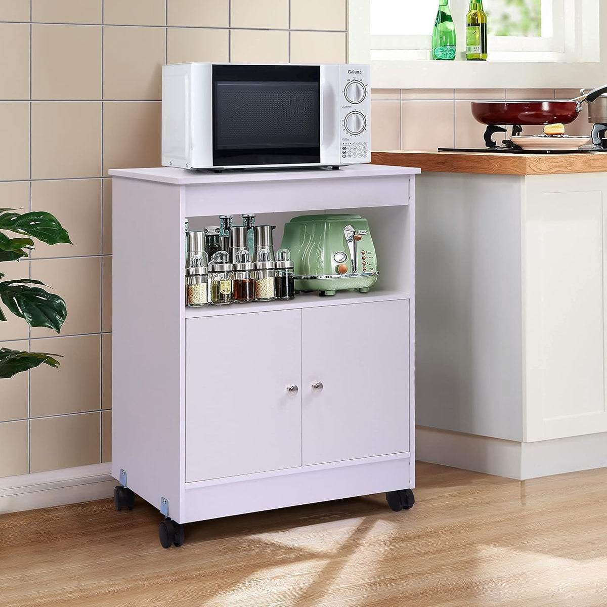 White Wooden Microwave Cart with 1 Drawer Y6650