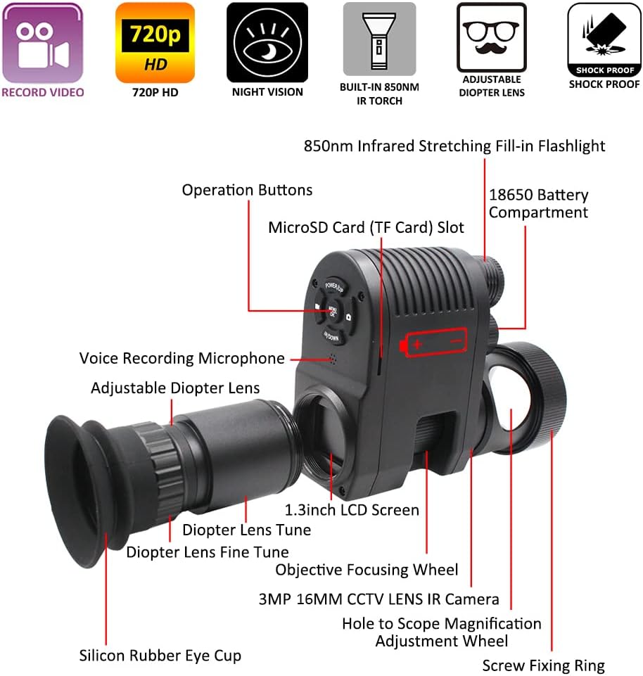 720p HD Night Vision Scope Camcorder Monocular with Built-in 850nm Infrared Flashlight E77188