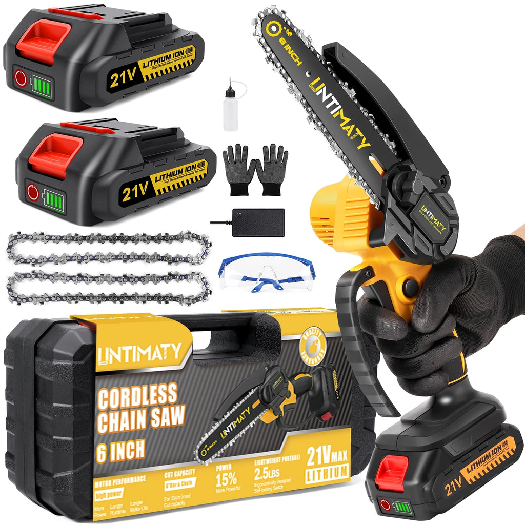Mini Cordless Chainsaw, 6-Inch Battery Powered with 2 Batteries 2 Chains X92112