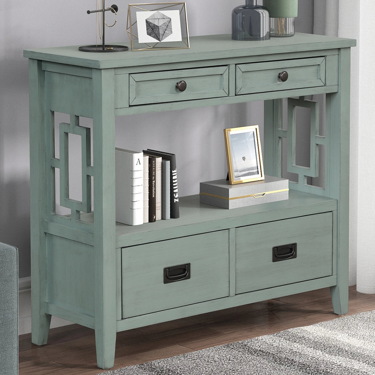 36'' Pine Wood Console Table with 4 Drawers E265572