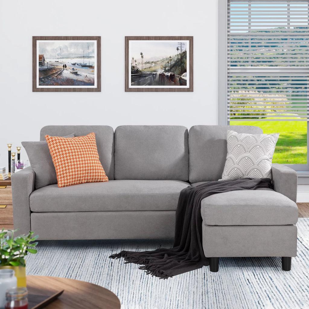 Linen Fabric Convertible L-Shaped Sectional Sofa Dark Gray U4440