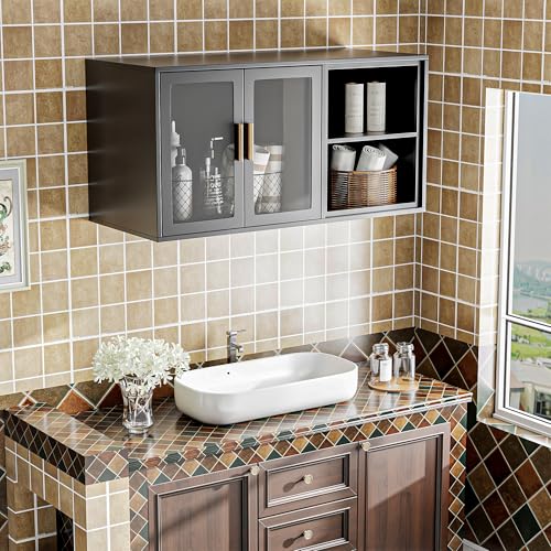 Black Over Toilet Wall Mounted Metal Cabinet with Two Glass Doors and Shelves F50821