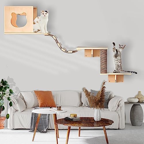 Solid Wood Wall Mounted Cat Shelves and Perches with 4 Cat Condos, 8 Shelves, 2 Ladder, 3 Sisal Cat Scratching Post I389555
