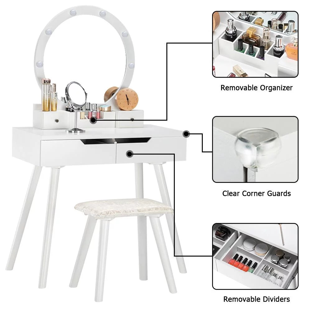 White Wooden Dressing Table with Lighted Mirror and Cushioned Stool M233