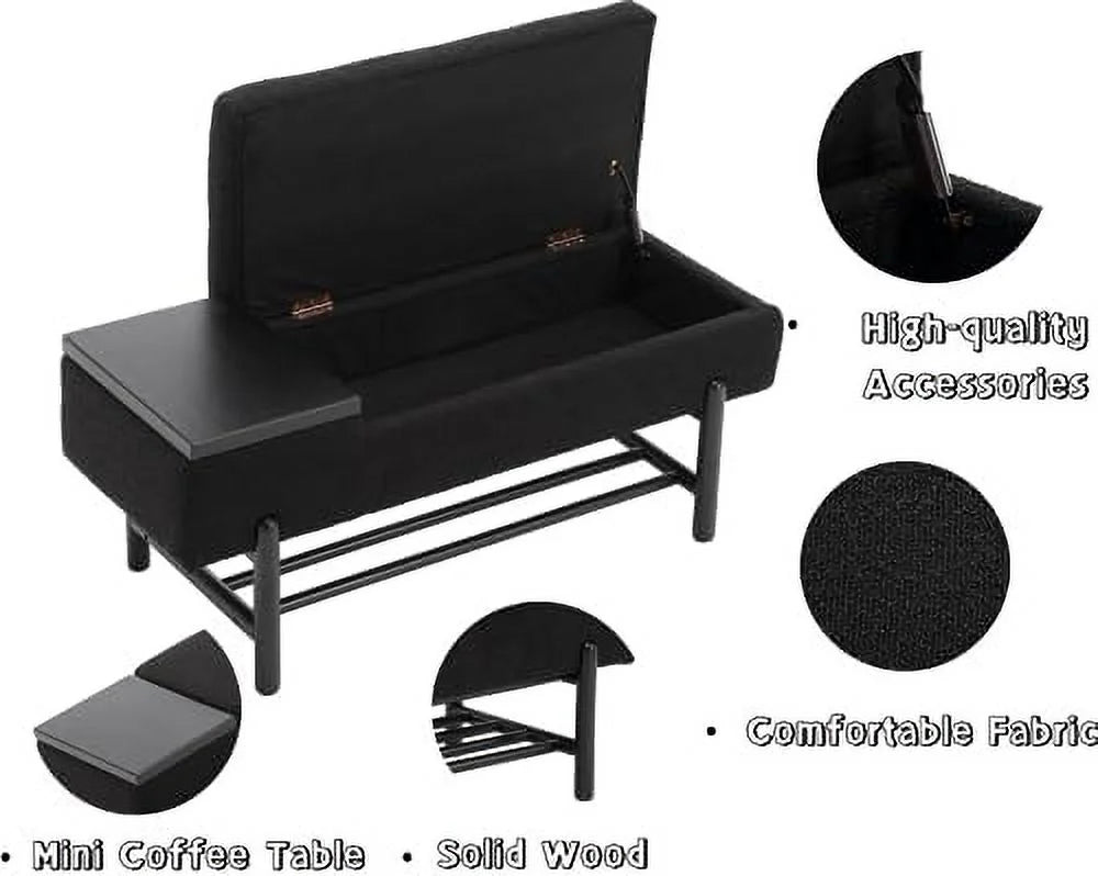 Leather Ottoman Bench with Wood Shoe 45 Inches PU Black W1646