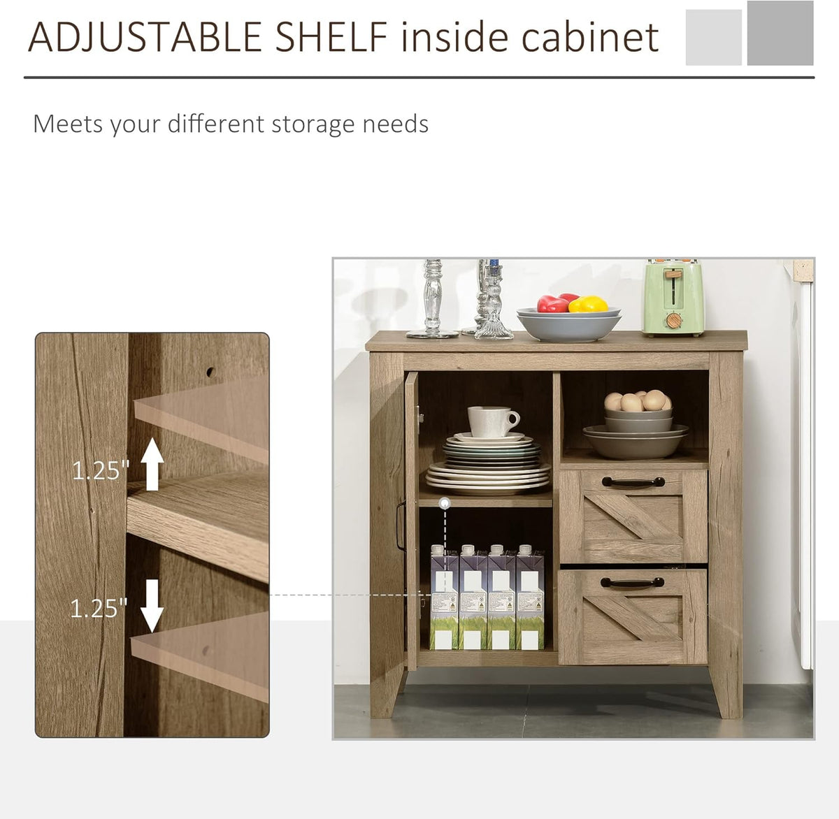 Oak Finish Sideboard with Cabinet, 2 Drawers and Open Shelf R68943