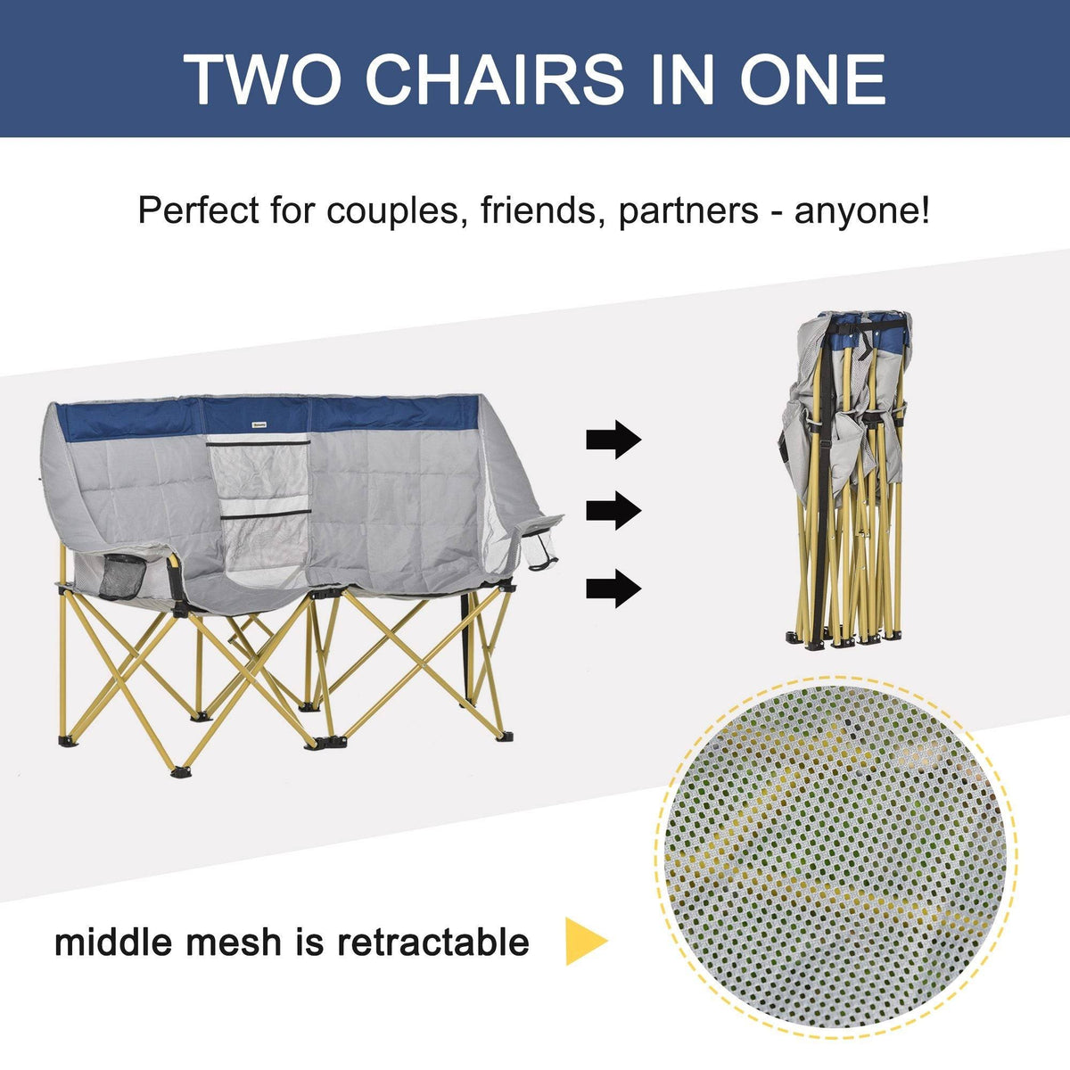 Double Seat Folding Camping Chair with Storage Pocket & Cup Holder H293408