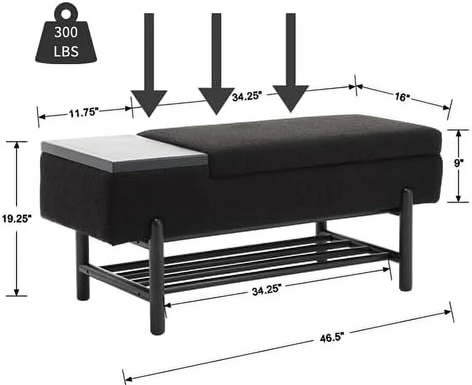 Leather Ottoman Bench with Wood Shoe 45 Inches PU Black W1646