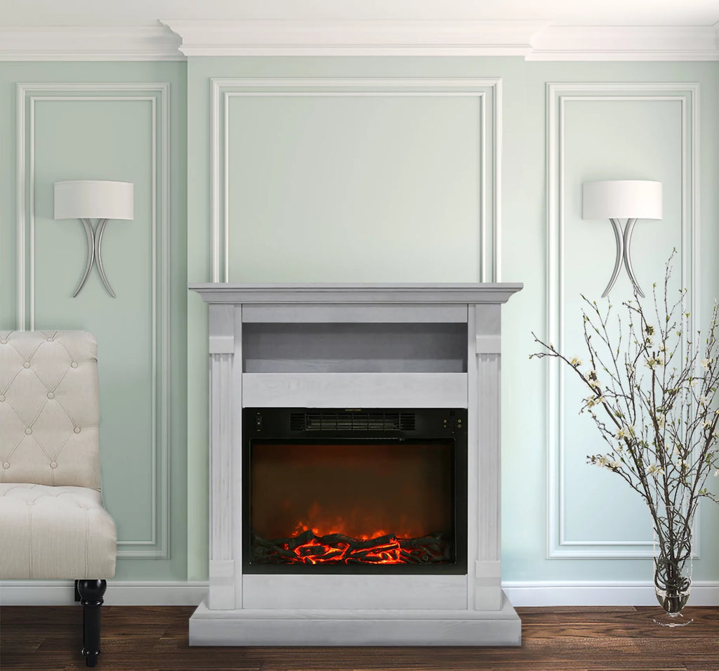 34" Freestanding White Electric Fireplace Heater with Storage Shelf & Remote Control L76137