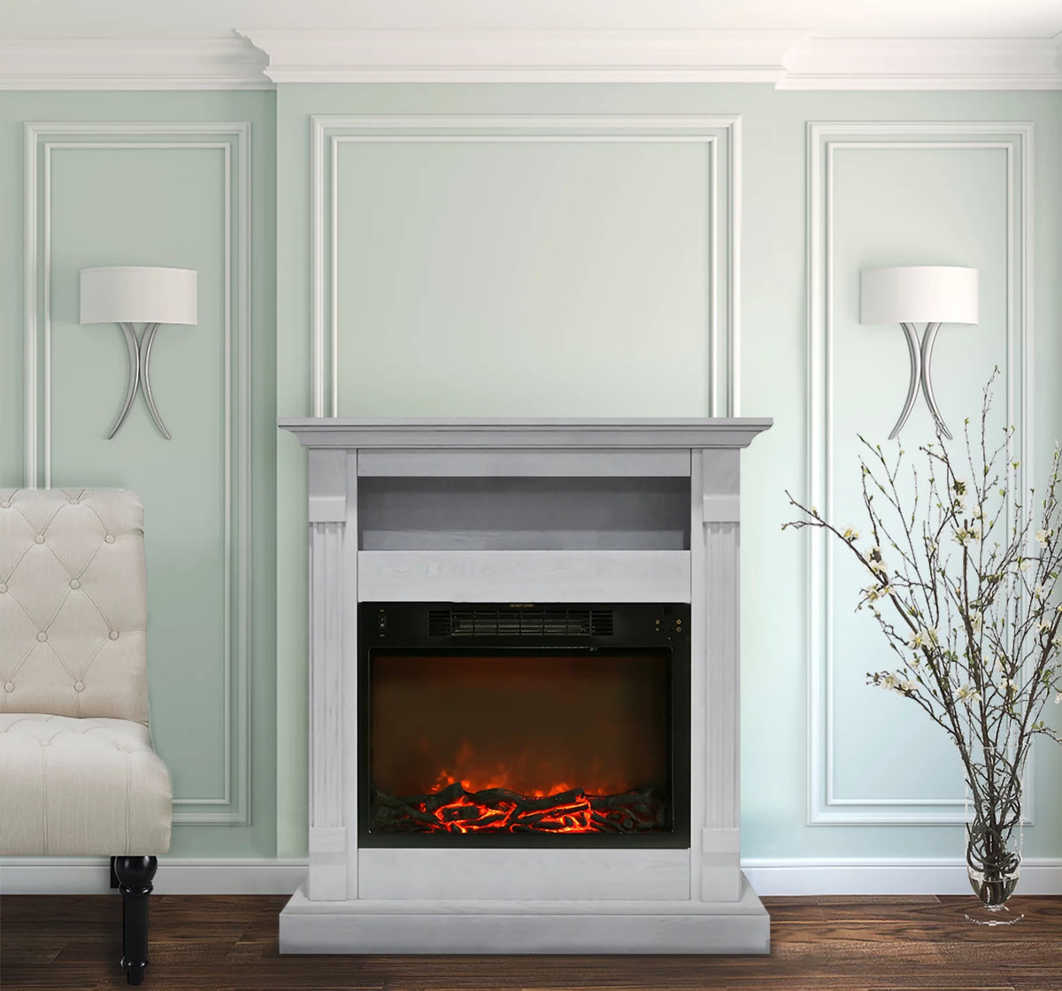 34" Freestanding White Electric Fireplace Heater with Storage Shelf & Remote Control L76137