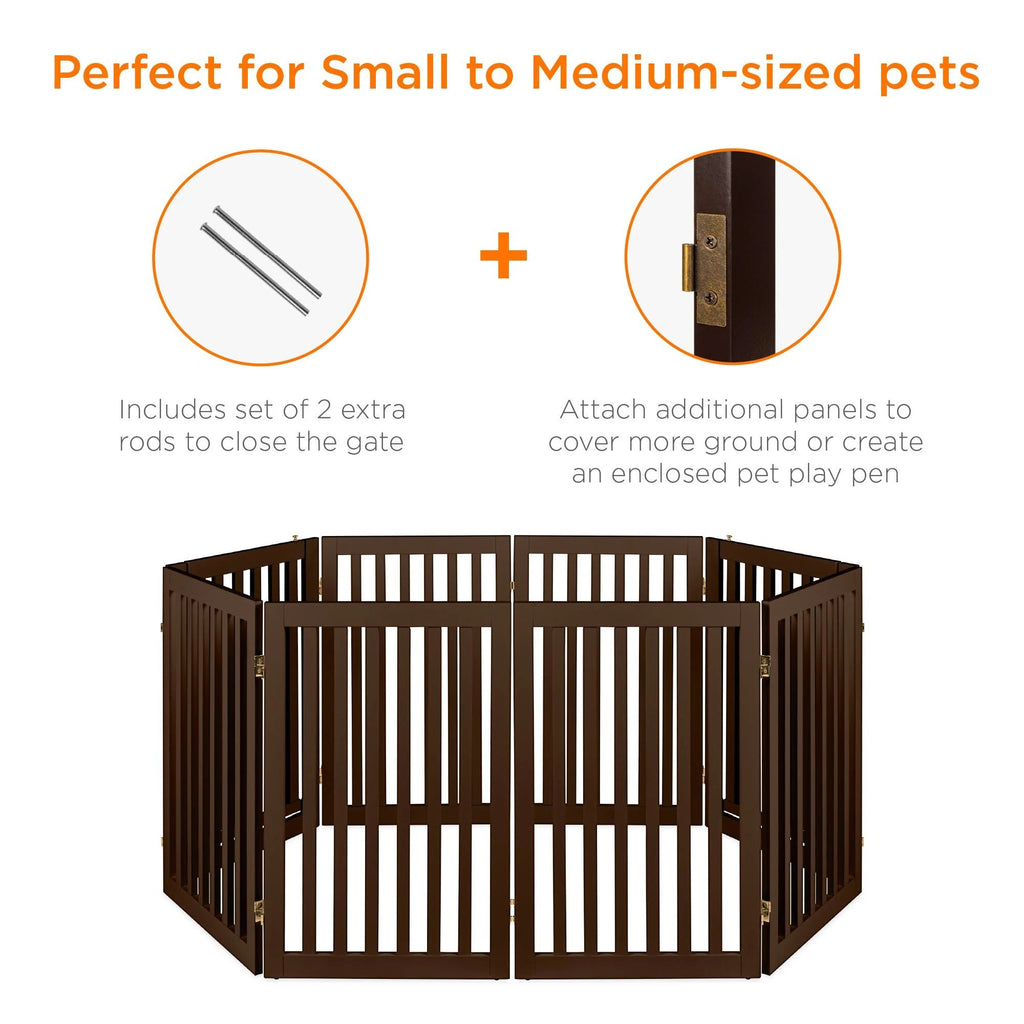 Espresso 4-Panel Freestanding Wooden Pet Gate with Walk Through Door X644
