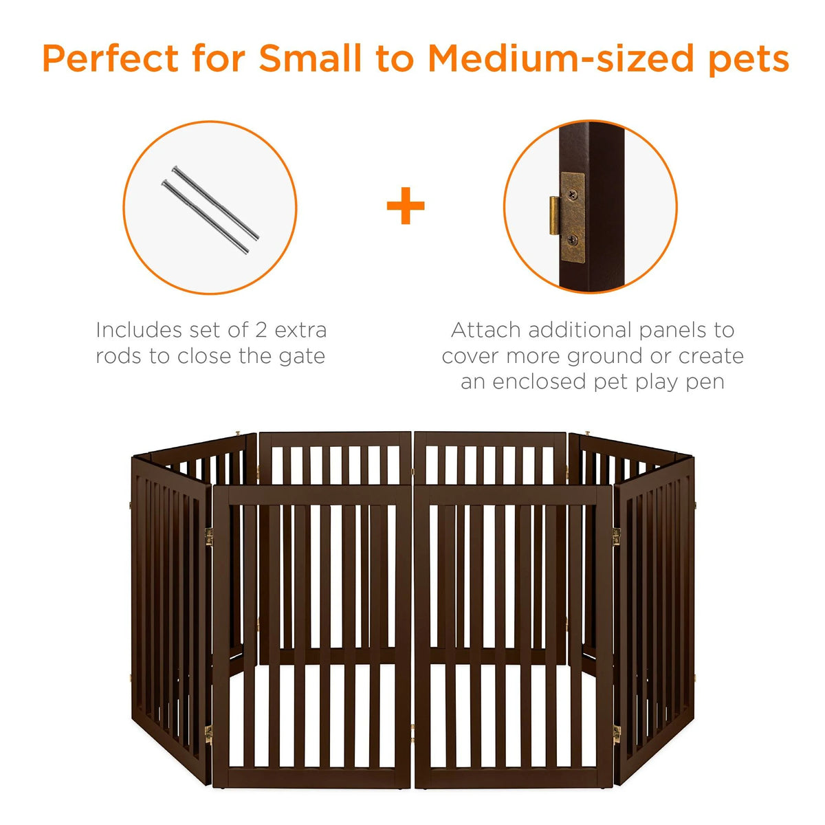 Espresso 4-Panel Freestanding Wooden Pet Gate with Walk Through Door X644