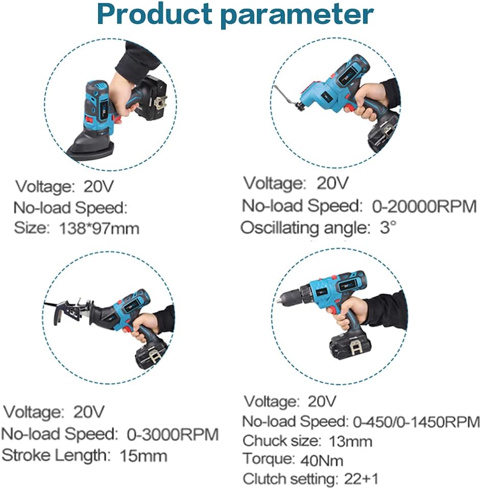 20V MAX Power Tool Combo Kit with Case, 4-Tool Attachments Drill, Reciprocating Saw, Oscillating Tool, Sander A176
