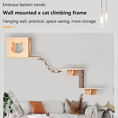 Solid Wood Wall Mounted Cat Shelves and Perches with 4 Cat Condos, 8 Shelves, 2 Ladder, 3 Sisal Cat Scratching Post I389555