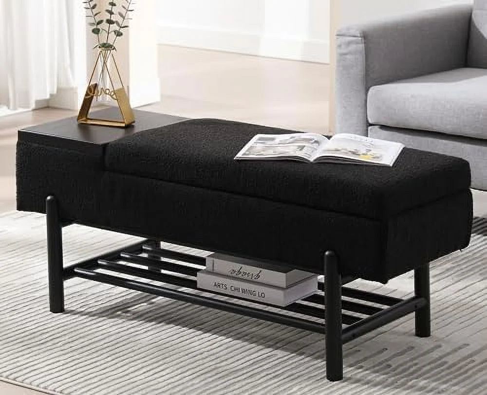 Leather Ottoman Bench with Wood Shoe 45 Inches PU Black W1646