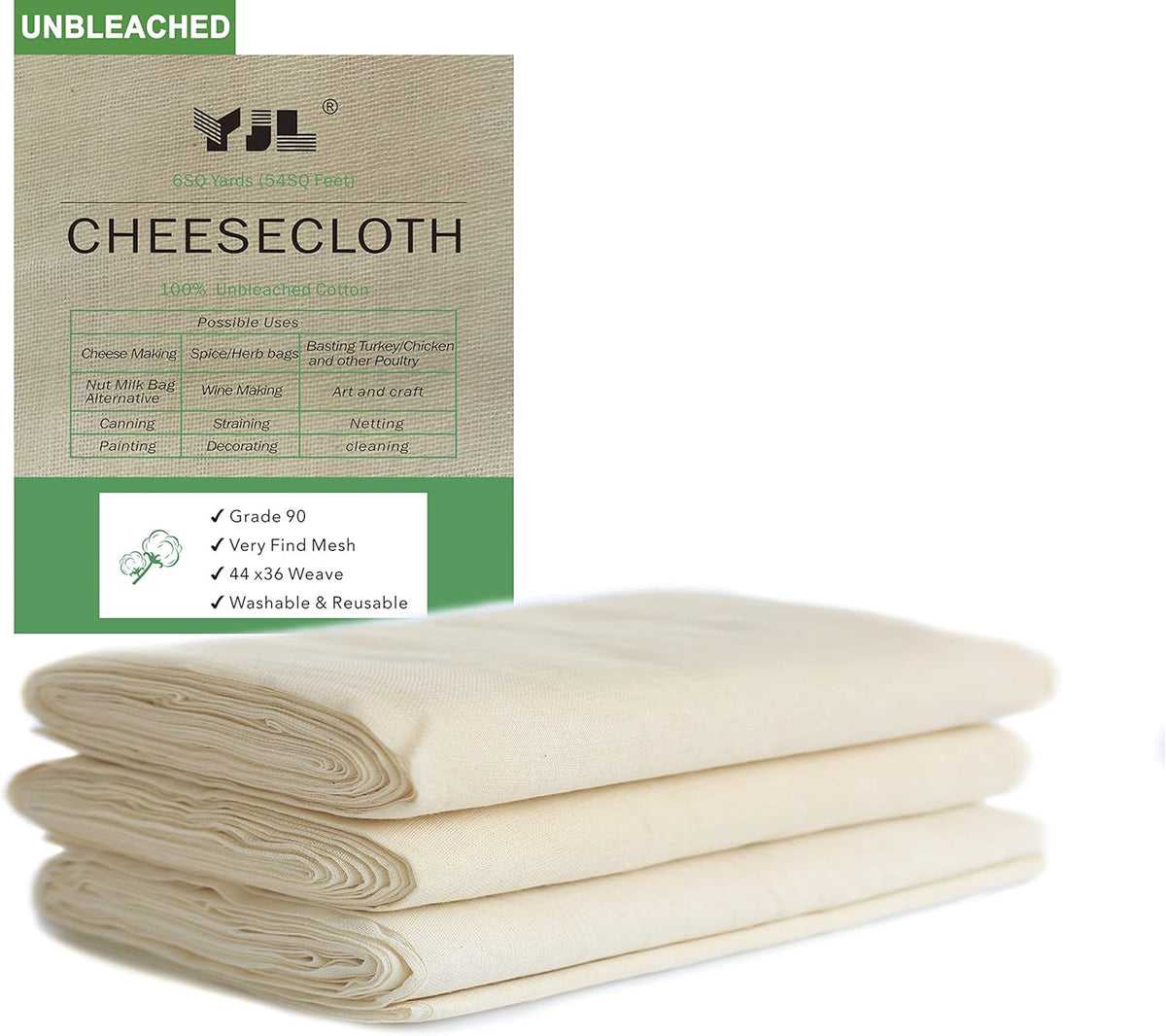 100% Cotton Unbleached Fine Cheesecloth, 54 Sq Feet, Pack of 2 A796440
