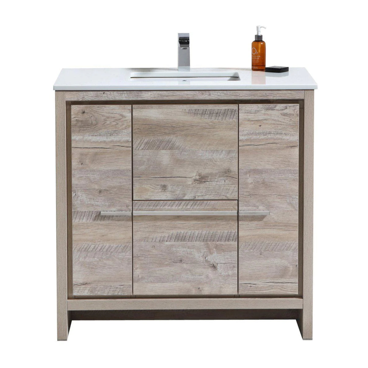 36 in. Nature Wood Bathroom Vanity with White Quartz Counter Top O218016