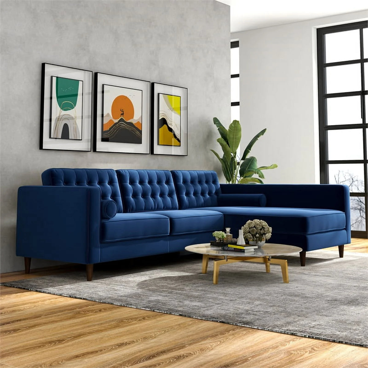 Blue Velvet L-Shaped Right-Facing Sectional E603263