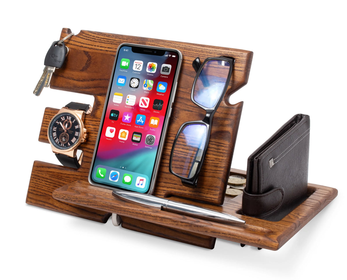 Wood Phone Docking Station Key Holder Wallet Stand Watch Organizer R3614