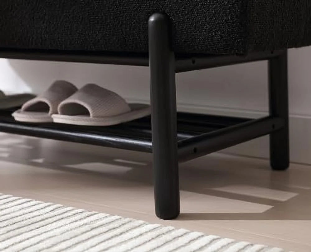 Leather Ottoman Bench with Wood Shoe 45 Inches PU Black W1646